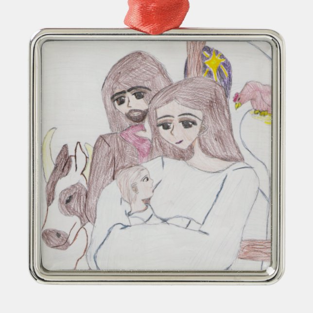 Christmas Nativity Coloured Pencil Drawing Metal Tree Decoration (Front)