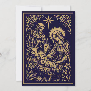 Christmas Nativity in Retro Art Nouveau Woodcut Holiday Card