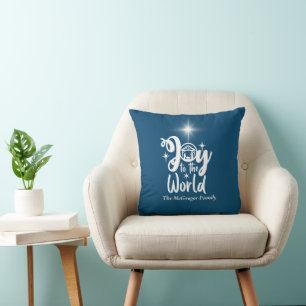 Christmas Nativity Joy to the World Blue & White Cushion
