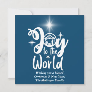 Christmas Nativity Joy to the World Blue & White Holiday Card