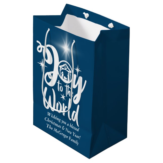 Christmas Nativity Joy to the World Blue & White Medium Gift Bag (Front Angled)