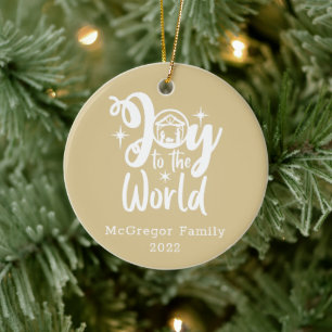 Christmas Nativity Joy to the World Gold & White  Ceramic Tree Decoration