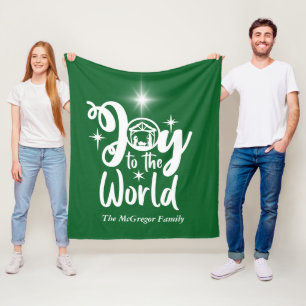 Christmas Nativity Joy to the World Green & White Fleece Blanket