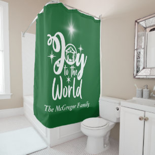 Christmas Nativity Joy to the World Green & White Shower Curtain