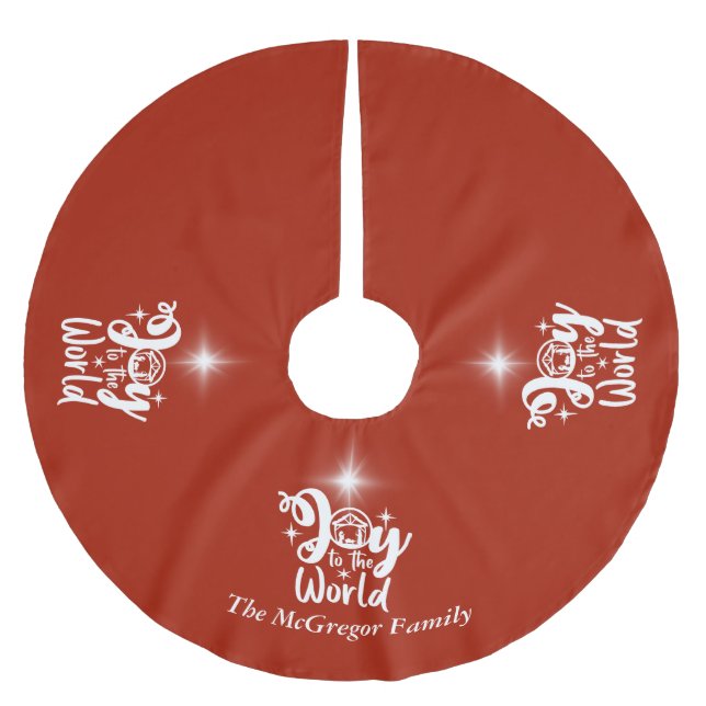 Christmas Nativity Joy to the World Red & White Brushed Polyester Tree Skirt (Front)