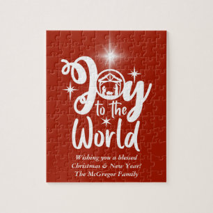 Christmas Nativity Joy to the World Red & White Jigsaw Puzzle