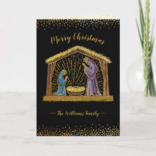 Christmas Nativity Manger Black Gold Typography Holiday Card