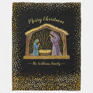 Christmas Nativity Manger Gold Black Family Name Fleece Blanket