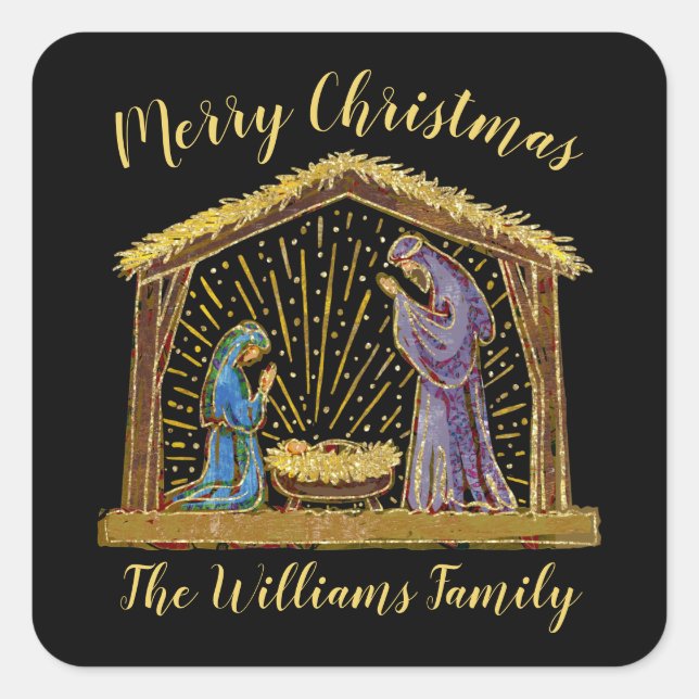 Christmas Nativity Manger Gold Black Family Name Square Sticker (Front)