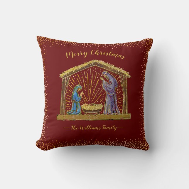 Christmas Nativity Manger Gold Red Family Name Cushion (Front)