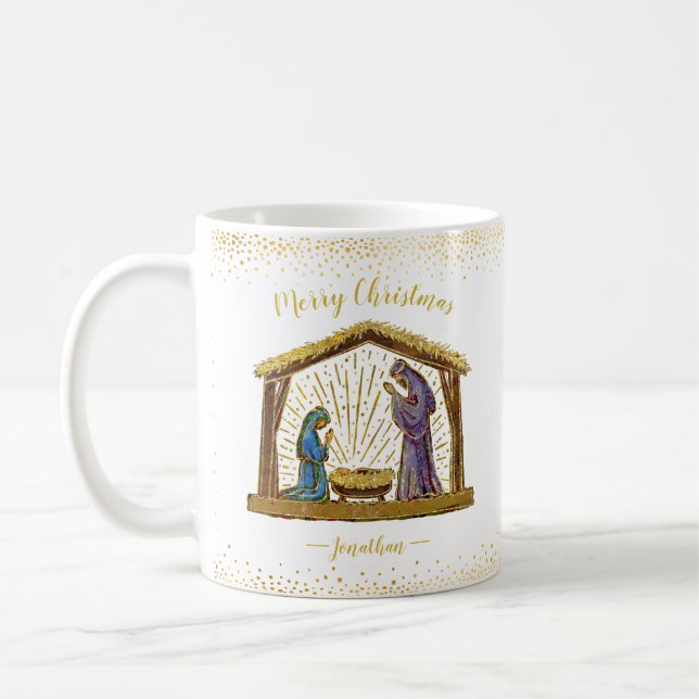 Christmas Nativity Manger Gold Typography Coffee Mug (Left)