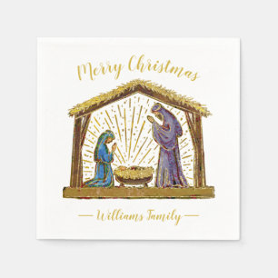 Christmas Nativity Manger Gold Typography Napkin