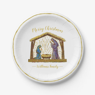 Christmas Nativity Manger Gold Typography Paper Plate
