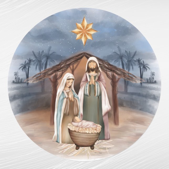Christmas Nativity Manger Star Watercolor Classic Round Sticker (Creator Uploaded)
