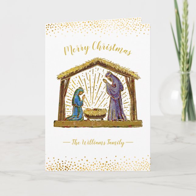 Christmas Nativity Manger White Gold Typography Holiday Card (Front)