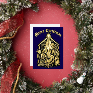 Christmas Nativity Retro Medieval Woodcut Foil Holiday Card