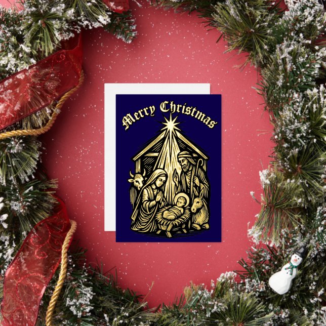 Christmas Nativity Retro Medieval Woodcut Foil Holiday Card (Insitu)