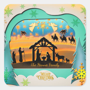 Christmas Nativity Scene 3D Religious Holiday Square Sticker
