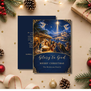 Christmas Nativity Scene Glory to God Blue Gold Holiday Card