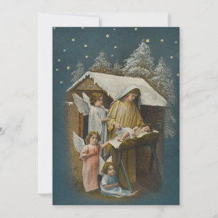 Christmas Nativity Scene Mary Angel Manger Vintage Holiday Card