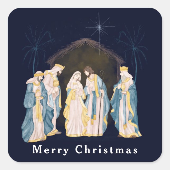 Christmas Nativity Scene on Blue Night Sky Square Sticker (Front)