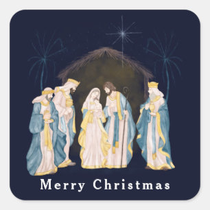 Christmas Nativity Scene on Blue Night Sky Square Sticker
