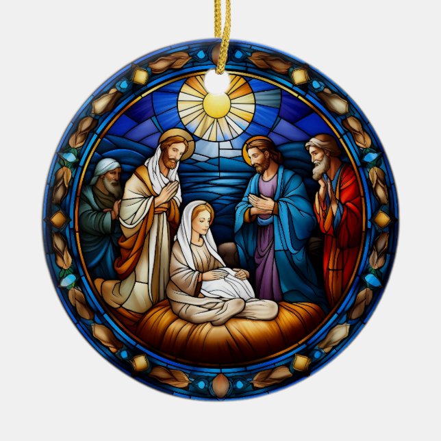 Christmas Nativity Scene Stained Glass Ceramic Tree Decoration (Front)