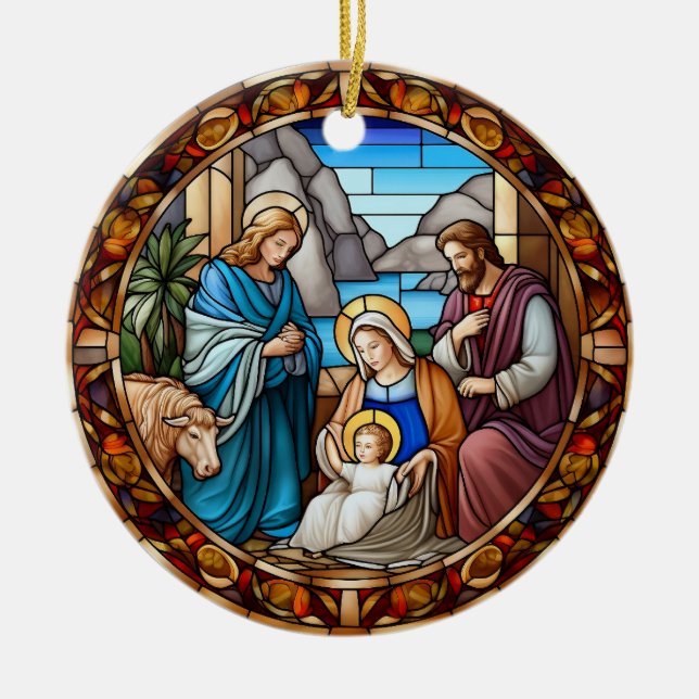 Christmas Nativity Scene Stained Glass Ceramic Tree Decoration (Front)