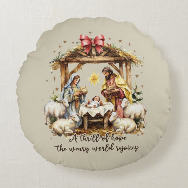 Christmas Nativity Scene Tan/Gold Round Cushion (Front)
