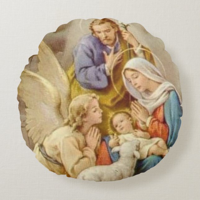 Christmas Nativity St. Joseph, Mary, Jesus, Angel Round Cushion (Front)