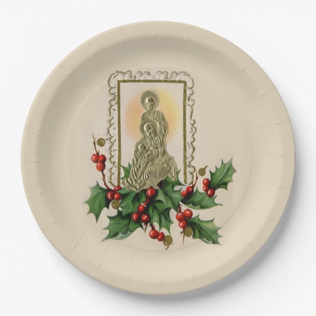 Christmas Nativity Vintage Holly Berries Paper Plate (Front)