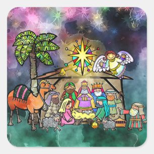 Christmas Nativity Watercolor Doodle Scene Square Sticker