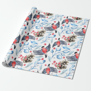 Christmas Nature Pattern with Birds and Berries  Wrapping Paper