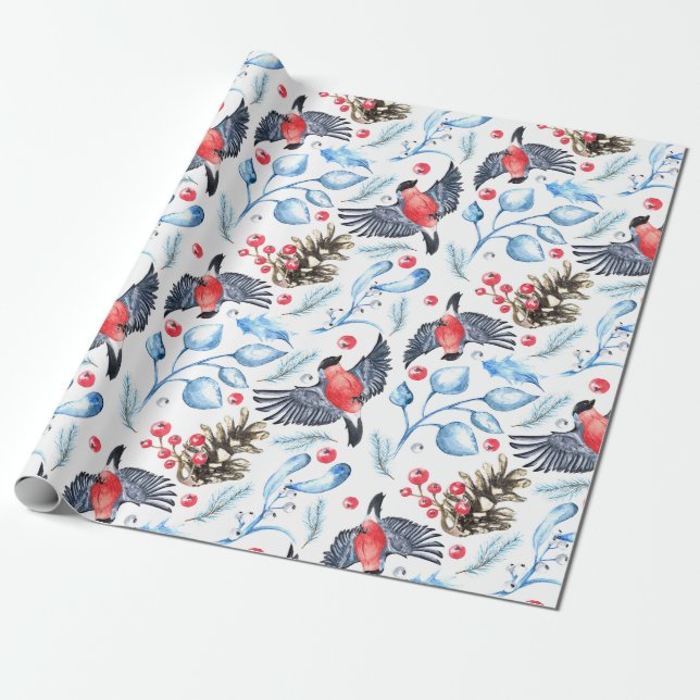 Christmas Nature Pattern with Birds and Berries  Wrapping Paper (Unrolled)