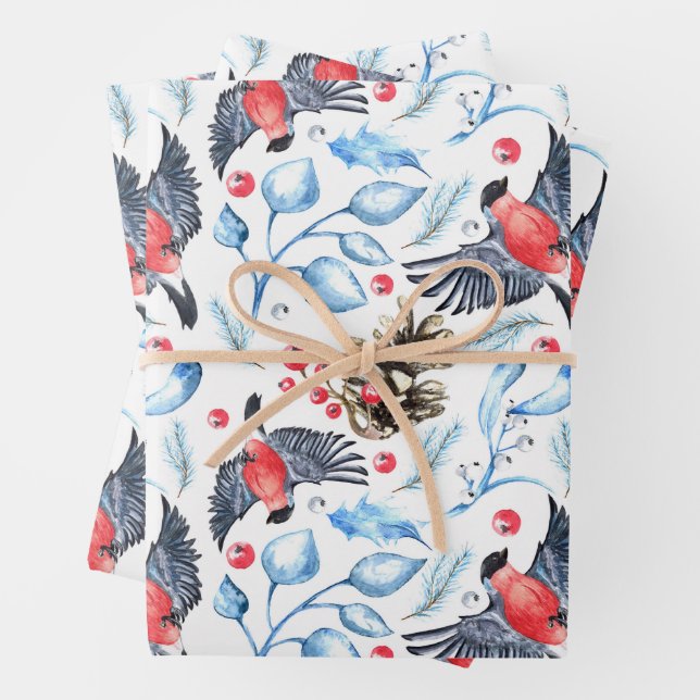 Christmas Nature Pattern with Birds and Berries  Wrapping Paper Sheet (In situ)