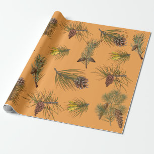 Christmas Nature Pine Cones and Branches Orange Wrapping Paper