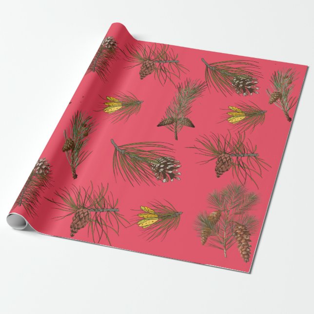 Christmas Nature Pine Cones and Branches Red Wrapping Paper (Unrolled)