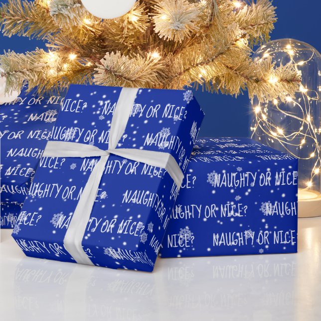 Christmas NAUGHTY OR NICE Text On Blue Wrapping Paper (Holidays)