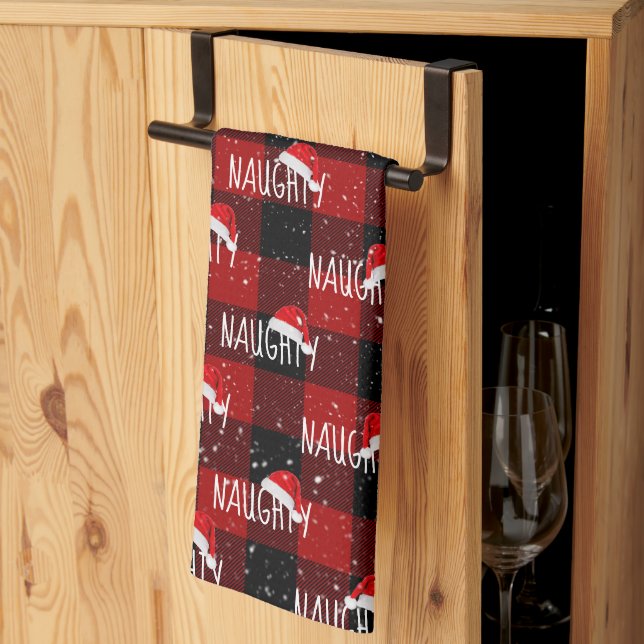 Christmas NAUGHTY Text with Santa Hats Tea Towel (Thirds Fold)