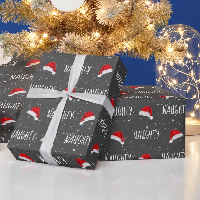 Christmas NAUGHTY Text with Santa Hats Wrapping Paper (Holidays)