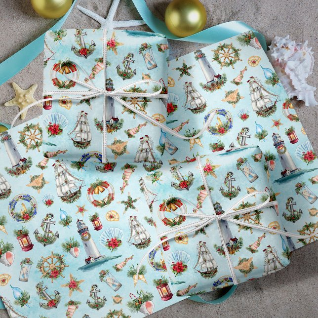Christmas Nautical Sailing Ships Lighthouses Ocean Wrapping Paper Sheet (Creator Uploaded)