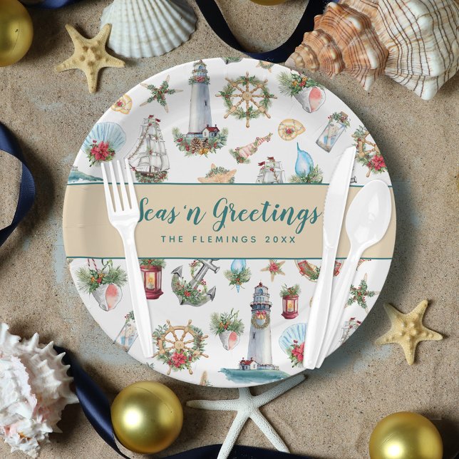 Christmas Nautical Seas’n Greetings Personalised Paper Plate (Creator Uploaded)