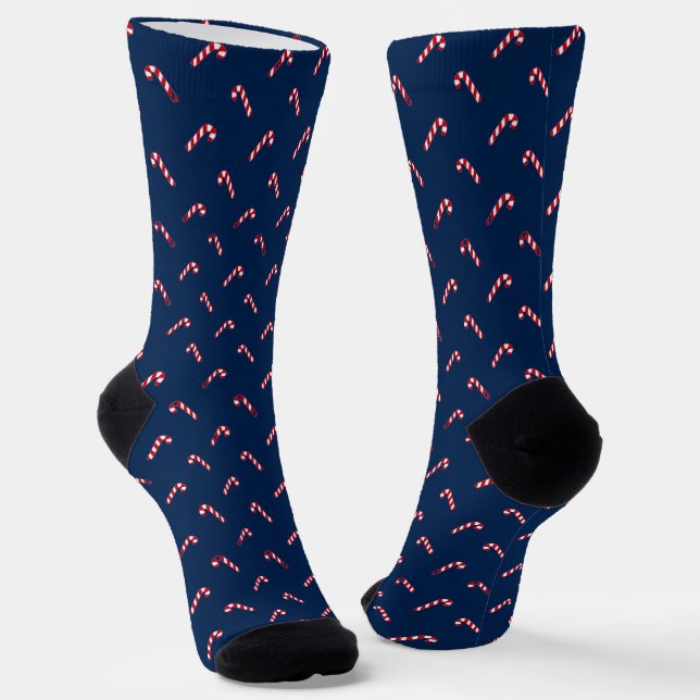 Christmas navy blue red cute candy cane pattern socks (Angled)