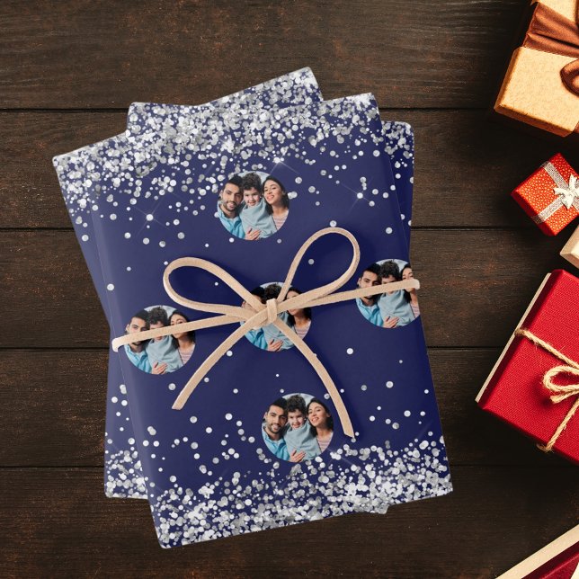 Christmas navy blue silver photo confetti wrapping paper sheet (Creator Uploaded)