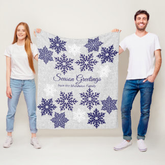 Christmas Navy Blue Snowflakes  Fleece Blanket