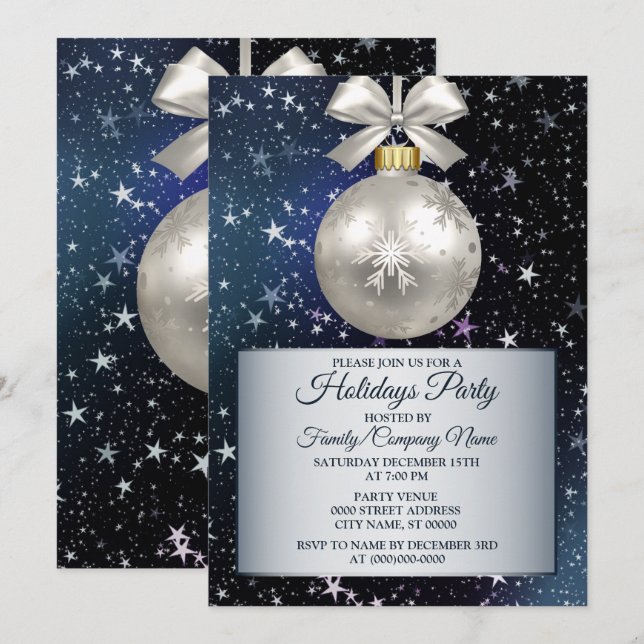 Christmas Navy Blue White Ornament Shiny Stars Invitation (Front/Back)