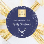 Christmas navy blue white reindeer business logo classic round sticker<br><div class="desc">A classic navy blue background,  decorated with faux silver glitter,  sparkles and an abstract white reindeer head. Personalise and add your business,  company logo and a text.  Text: Merry Christmas written with a modern hand letteres style script.</div>