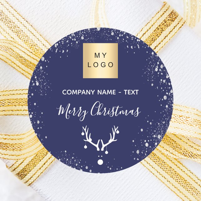 Christmas navy blue white reindeer business logo classic round sticker (Creator Uploaded)