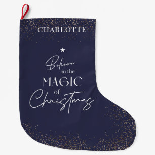 Christmas Navy & Gold Glitter Modern Script Name Large Christmas Stocking