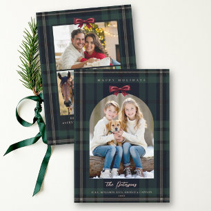 Christmas Navy Green Plaid Tartan Arch Bow Photo Holiday Card